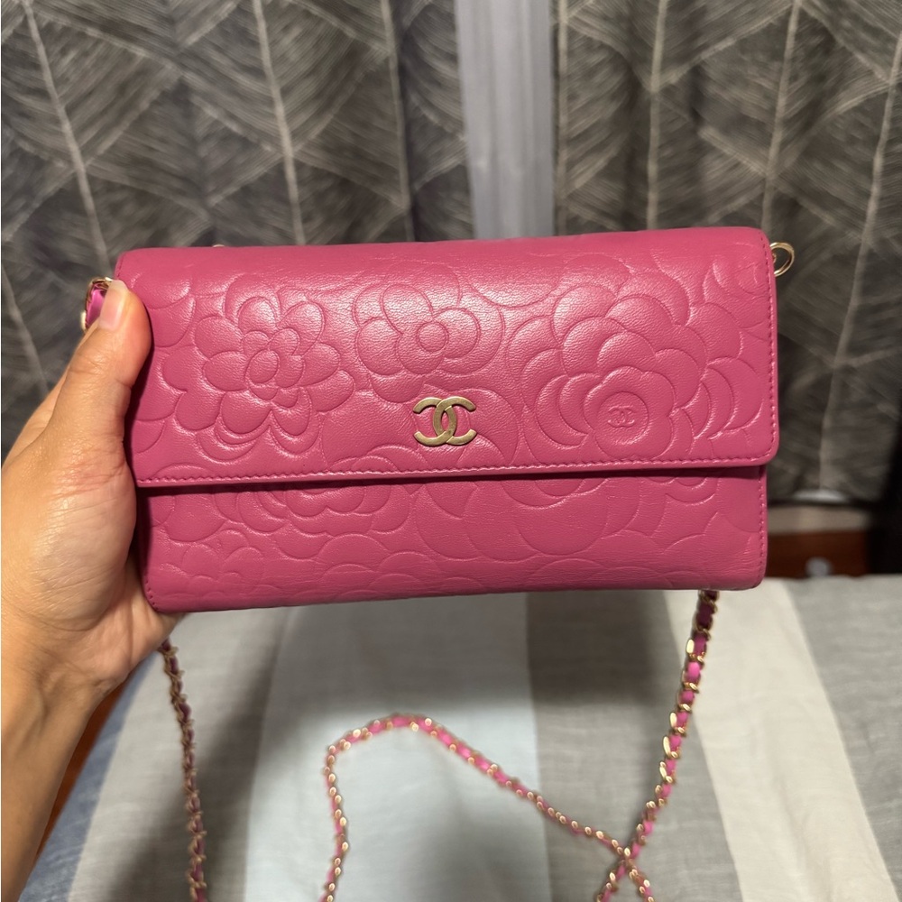 CHANEL Pink Crossbody Bag with Floral Embossed Leather